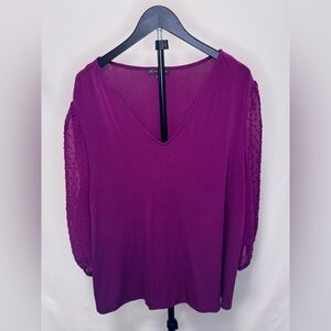 Adrianna Papell Purple V-Neck Blouse with Sheer Dotted Sleeves